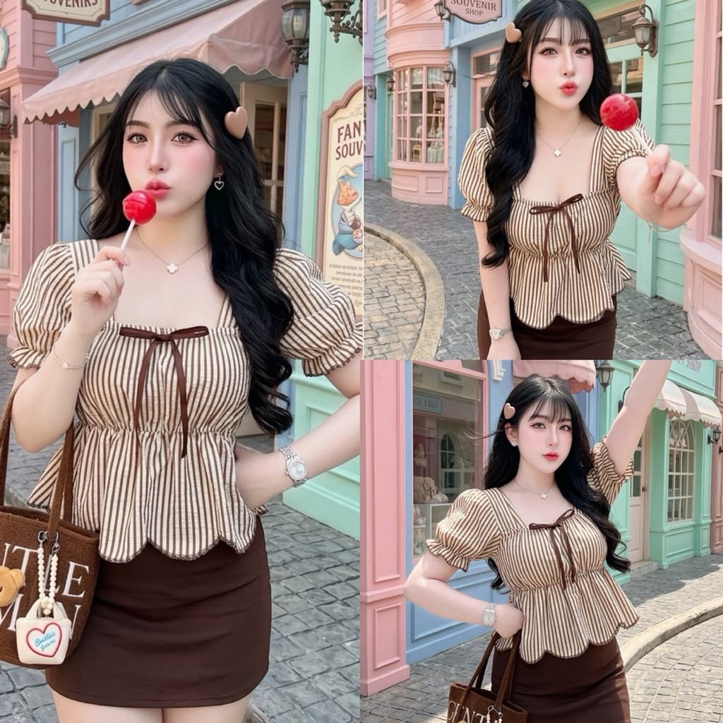 set 2ชิ้น เสื้อชายหยักลายริ้ว แต่งโบว์ +กระโปรง มีซับใน มี2ไซส์