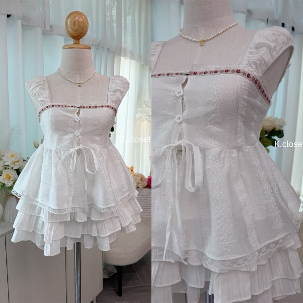 (อก30-40เสื้อสายเดี่ยวระบายชั้นผ้าโรซี่พิมลาย กระดุมใช้งานได้จริง detail แต่งผ้าลายน่ารัก รูปที่ 8