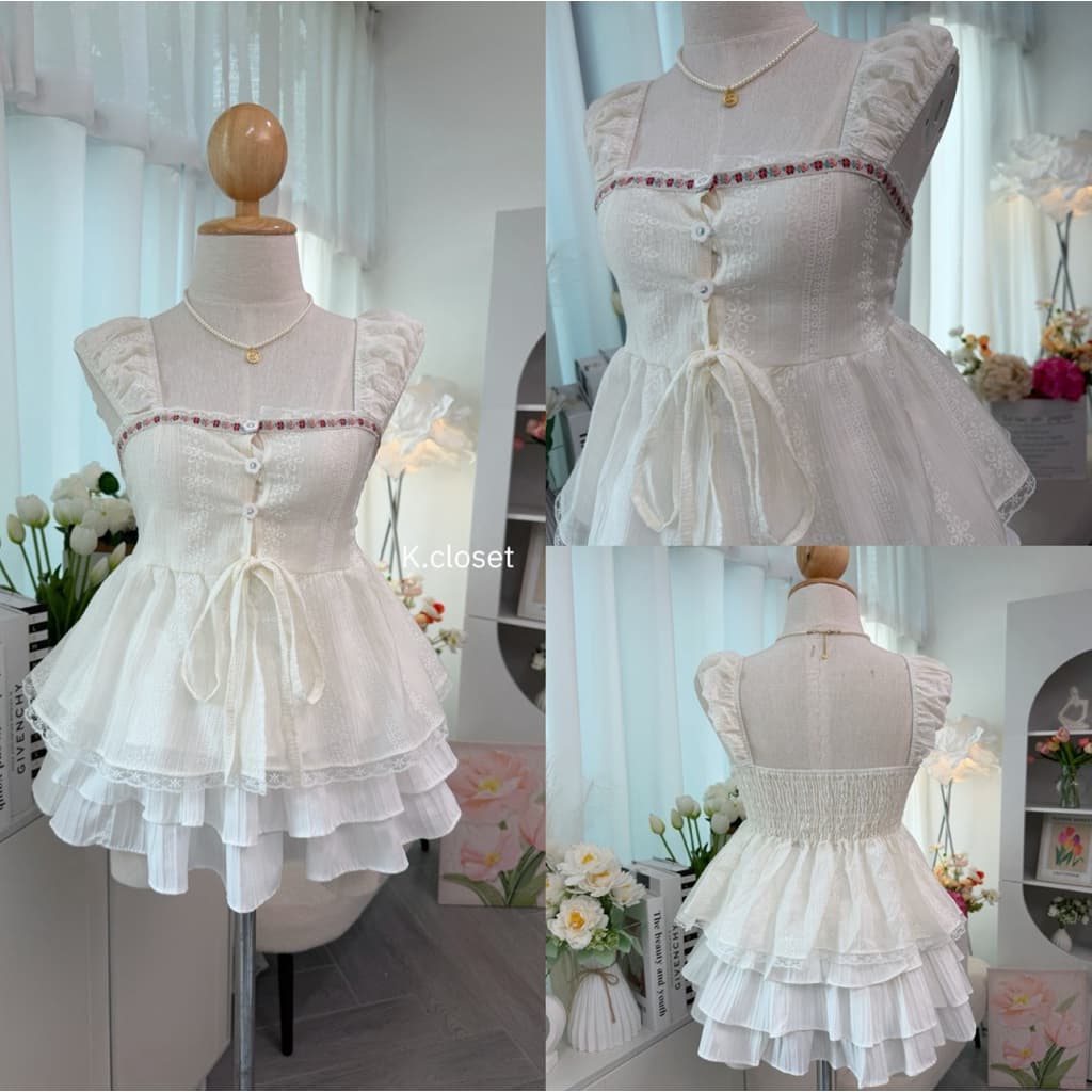 (อก30-40เสื้อสายเดี่ยวระบายชั้นผ้าโรซี่พิมลาย กระดุมใช้งานได้จริง detail แต่งผ้าลายน่ารัก รูปที่ 7