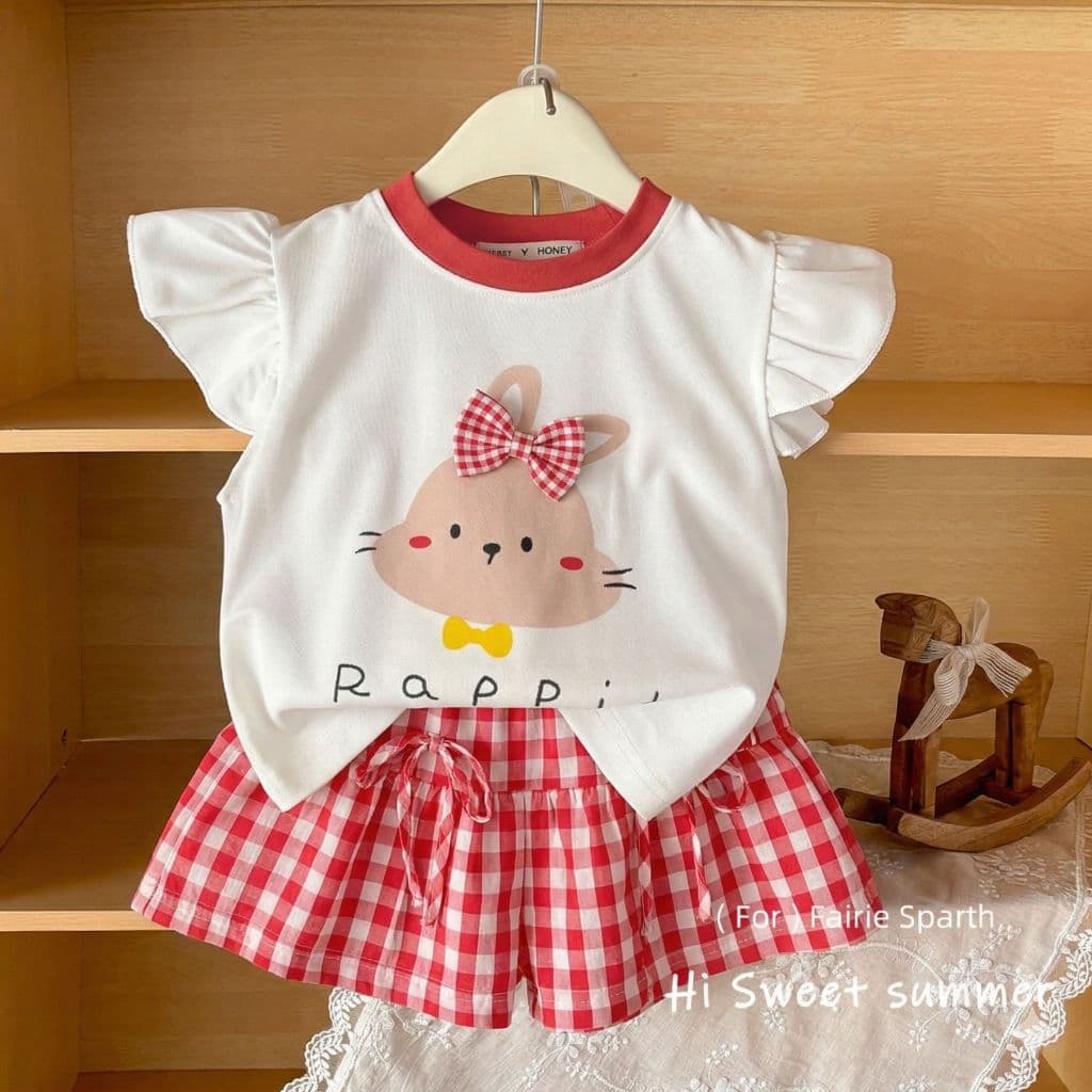 MooDeng Baby ชุดเซต เด็กหญิง แขนระบบาย ลายกระต่าย คอกลม กางเกงขาสั้น ลายสก๊อต รูปที่ 4
