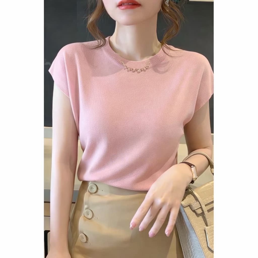 MQzz4289 * * เสื้อทำงานแขนสั้นแบบใหม่ คอกลม ผ้าไหมพรม นุ่มนิ่ม ใส่สบาย ยืดได้เยอะ Free Size รูปที่ 2