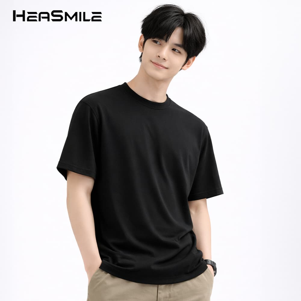 HeaSmile เสื้อยืดแขนสั้นคอกลม ผ้าเย็น ต้านแบคทีเรีย ไม่ยืด ไม่ย้วย เสื้อสีพื้น โพลีเอสเตอร์ ไม่ต้องรีด รูปที่ 2