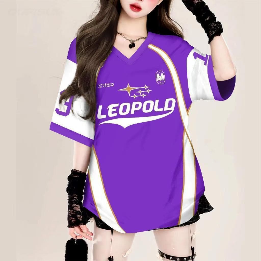 เสื้อยืดเบสบอลคนอ้วนไซส์ใหญ่สำหรับผู้หญิง oversize สกรีนลายเท่ สไตล์​เกาหลี เสื้อโอเวอร์ไซส์กีฬา ฮิปฮอป preppy style 3XL รูปที่ 2
