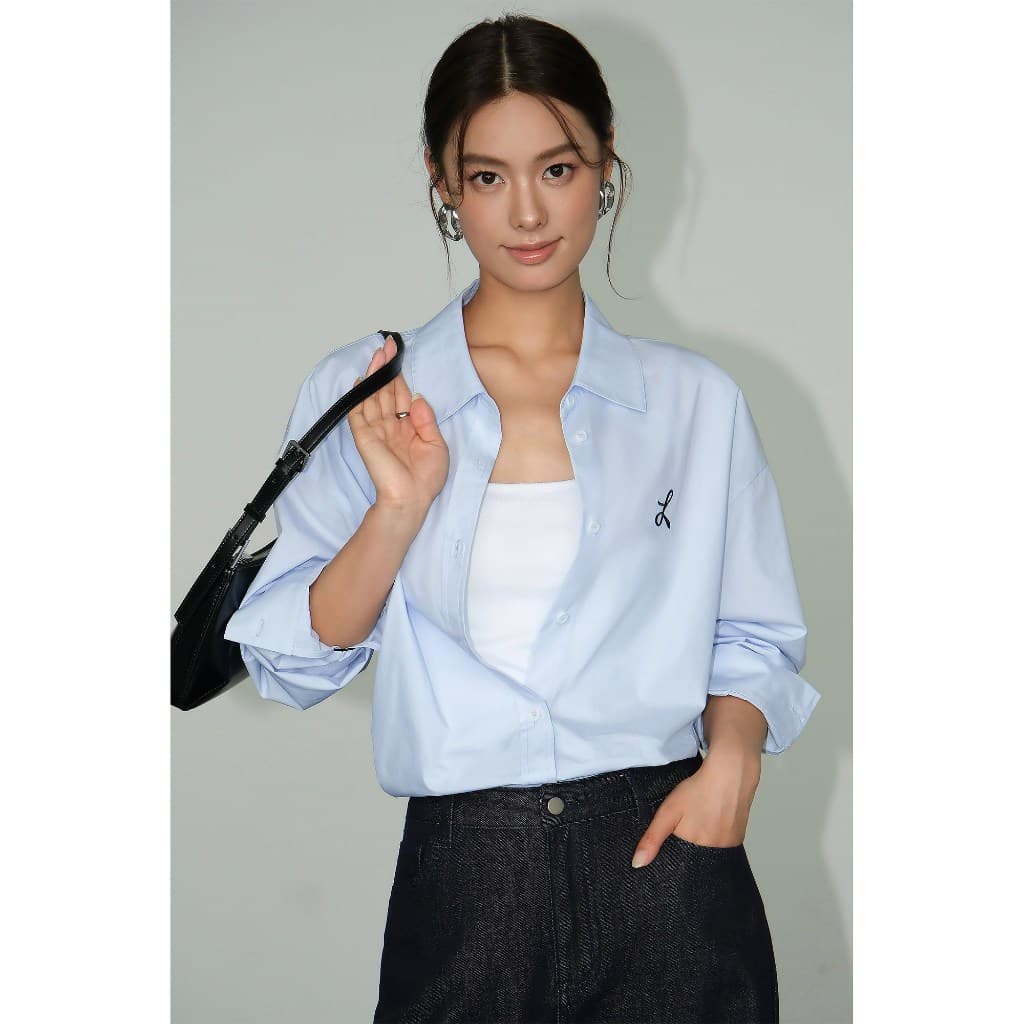 เสื้อเชิ้ตผู้หญิงสี แขนยาว ทรงหลวม วินเทจ สีพื้น สไตล์เกาหลี รูปที่ 7