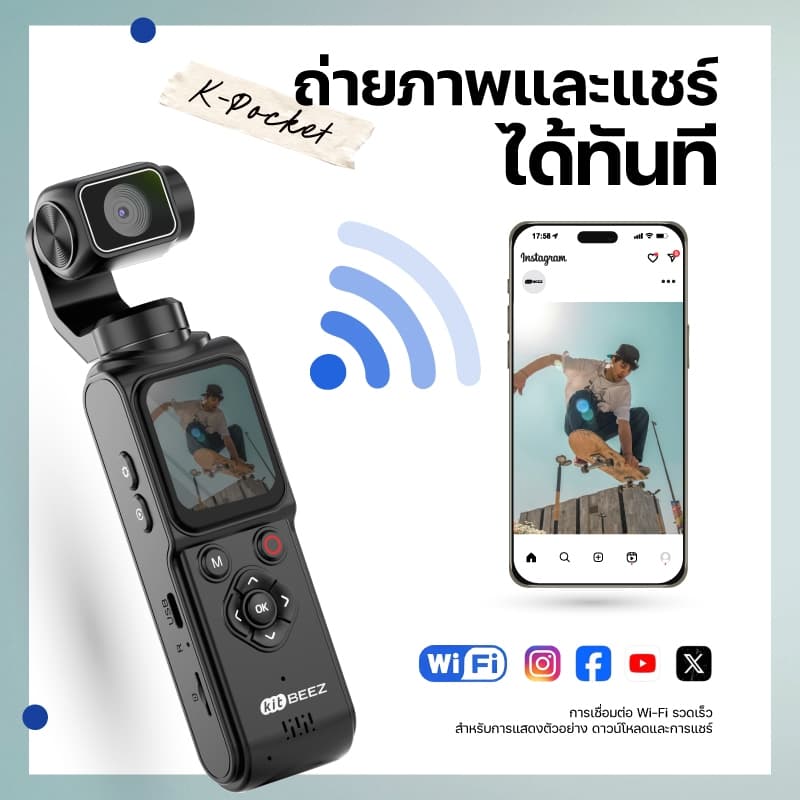 KiTBEEZ K-POCKET WiFi กล้องแอ็กชัน หน้าจอสัมผัส Gopro 75MP 4K/30fps 18X การติดตามใบหน้าด้วยAI หมุนได้330° ฟิลเตอร์ในตัว รูปที่ 6
