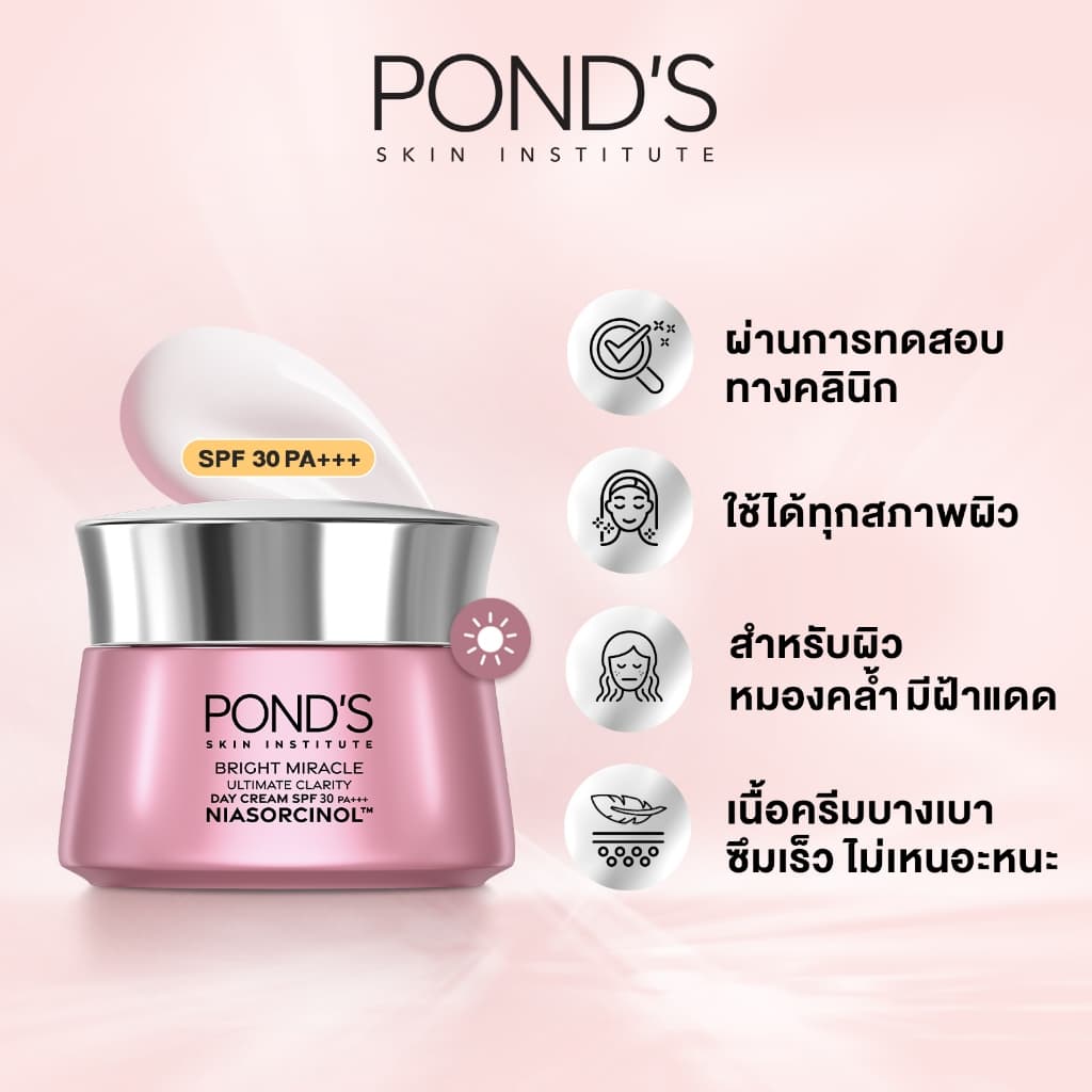 พอนด์ส ไบรท์ มิราเคิล ครีมหน้าใสสูตรกลางวันSPF30และกลางคืน+โฟมล้างหน้า ลดรอยดำใน7วัน แพ็ค 3 ชิ้น รูปที่ 5