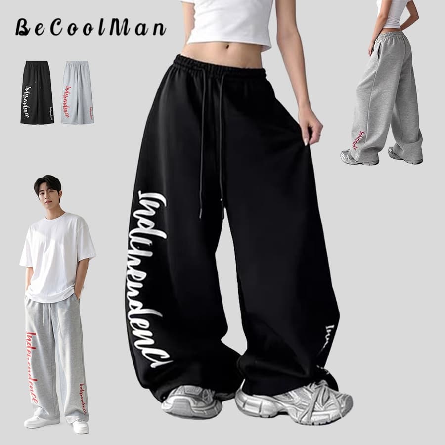 BecoolManกางเกงวอร์มกีฬา สไตล์อเมริกันหลวม ขาตรง กางเกงลำลอง ฮิปฮอป ขากว้าง ความรู้สึกสบาย เชือกผูกเอว เข้ากับทุกชุด รูปที่ 1