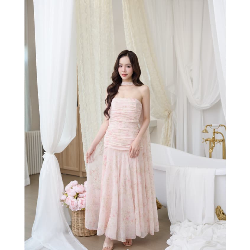 Pirunya - Long Dress 20 เดรสยาวเกาะอก จับเดรป กระโปรงระบาย พร้อมผ้าคาดคอ รูปที่ 2