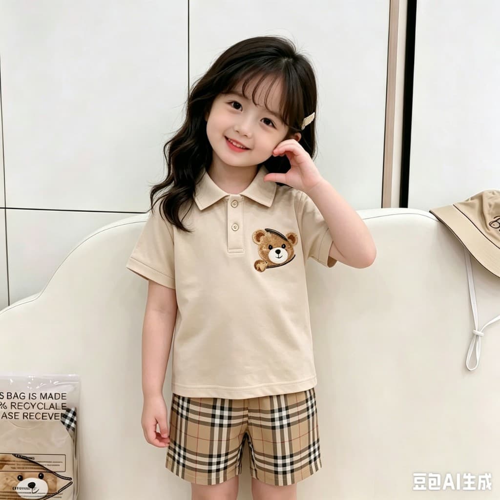 BB259 ชุดเซ็ตเด็ก ลายหมี Polo + กางเกงขาสั้นลายสก็อต ใส่เที่ยว/ออกงาน รูปที่ 4