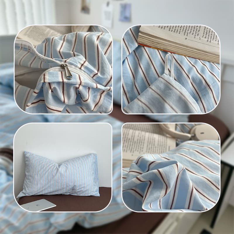 Baan Minimal ชุดเครื่องนอน 4 ชิ้น ลายทาง แบบรัดมุม ผ้าฝ้าย 100% สไตล์นอร์ดิกมินิมอล เพิ่มมิติให้ห้องนอน 3.5/5/6 ฟุต รูปที่ 7