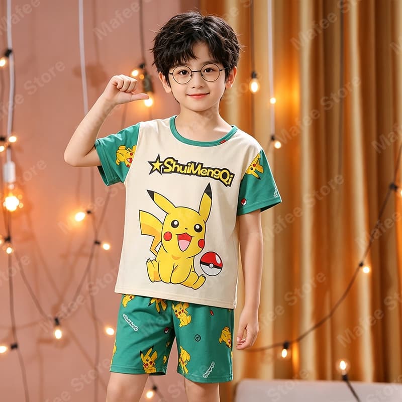 ชุดนอนเด็กชายหญิง ลายการ์ตูนน่ารัก แขนสั้นขาสั้น ผ้าใส่สบายเย็นฉ่ำ ระบายอากาศดี รูปที่ 3