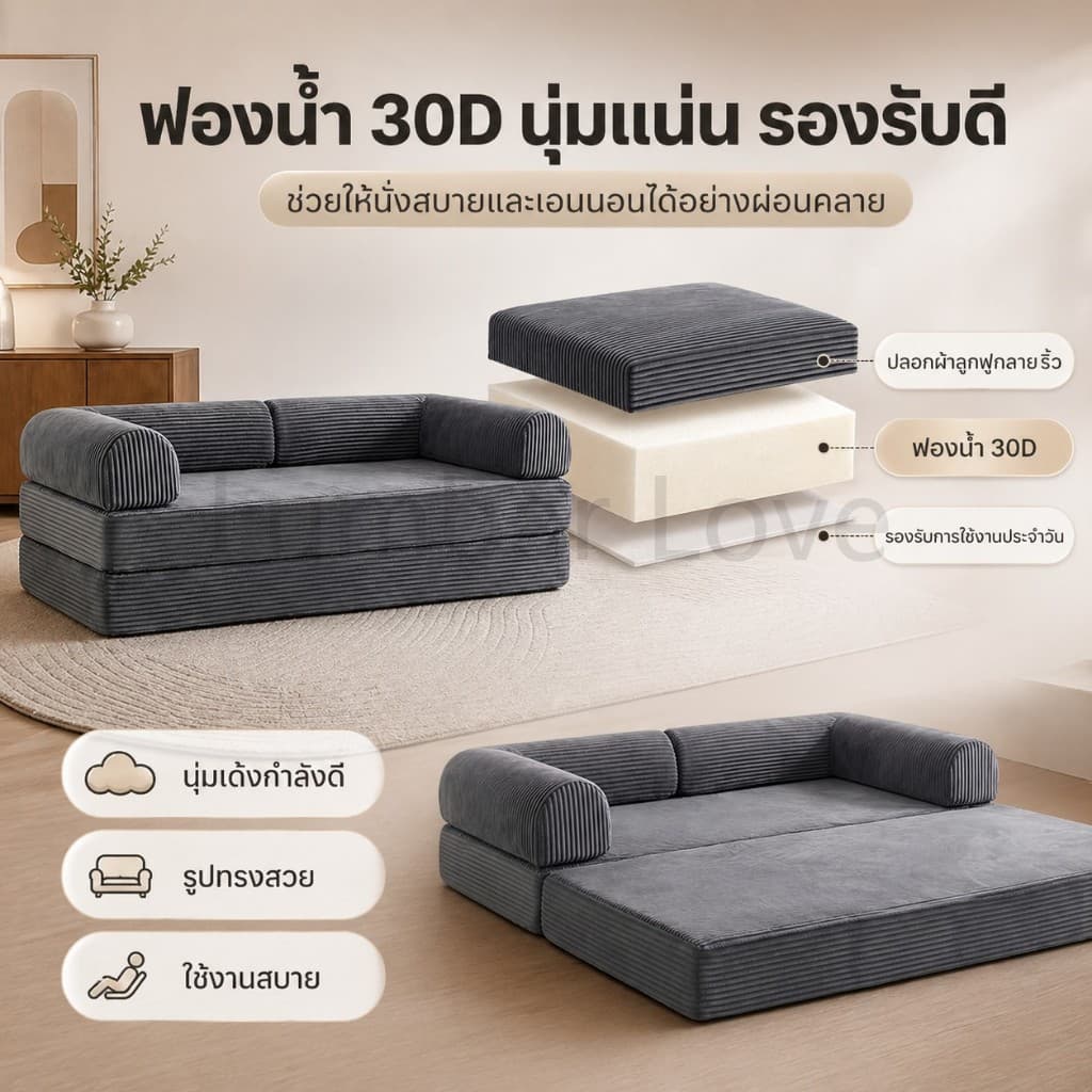 โซฟาปรับนอนได้ มัลติฟังก์ชั่น ห้องนั่งเล่น สีเทา ผ้าลูกฟูก 1-4ที่นั่ง เหมาะกับคนที่มีพื้นที่จำกัด รูปที่ 5