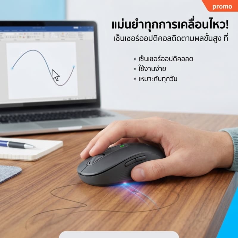 Logitech M650 เมาส์ไร้สายเงียบสนิท Bluetooth+2.4G SmartWheel ดีไซน์สวย ergonomic คลิกไม่เสียง สีดำ-ขาว รูปที่ 3