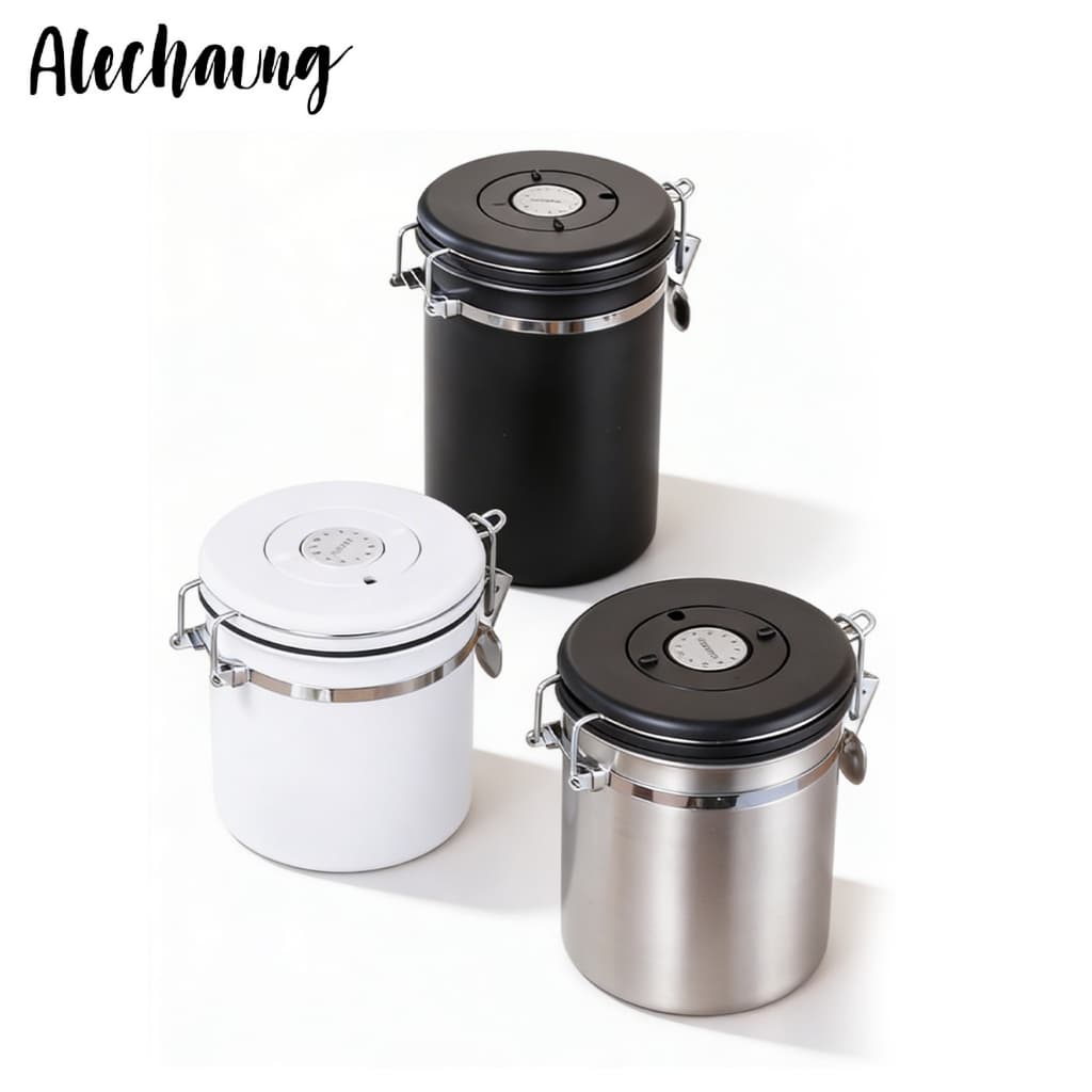 กระปุกเก็บเมล็ดกาแฟ กล่องเก็บเมล็ดกาแฟสแตนเลส Coffee Container 1.2L 1.5L 1.8L แถมช้อน ตั้งวันที่บนฝาได้ Alechaung coffee รูปที่ 1