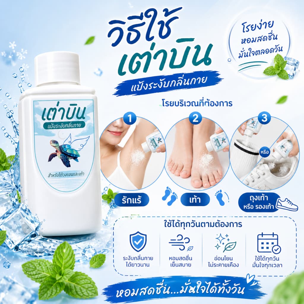 แป้งเต่าบิน Sport | เท้า+รักแร้ไม่เหม็น ลดกลิ่นอับ ลดแบคทีเรีย เย็นสดชื่น มั่นใจทุกกิจกรรม 20 กรัม รูปที่ 8