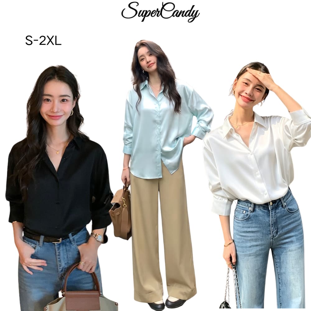 SuperCandyเสื้อเชิ้ตผ้าซาตินสไตล์ฝรั่งเศส ผู้หญิง แขนยาว7ส่วน ดีไซน์เก๋ไม่เหมือนใคร ใส่ช่วงฤดูร้อนสวยมาก รูปที่ 1