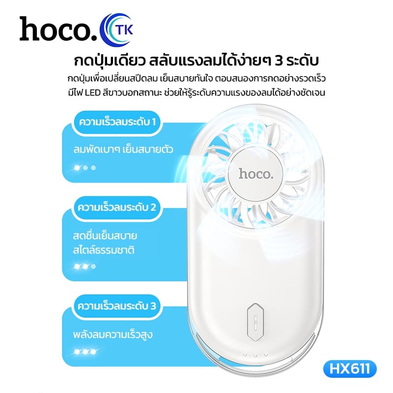 HOCO พัดลมพกพา MINI ความเร็วรอบสูงถึง 12000RPM ปรับแรงลมได้ 3 ระดับ เสียงเบา น้ำหนักเบา พกพาสะดวก HX611 รูปที่ 6