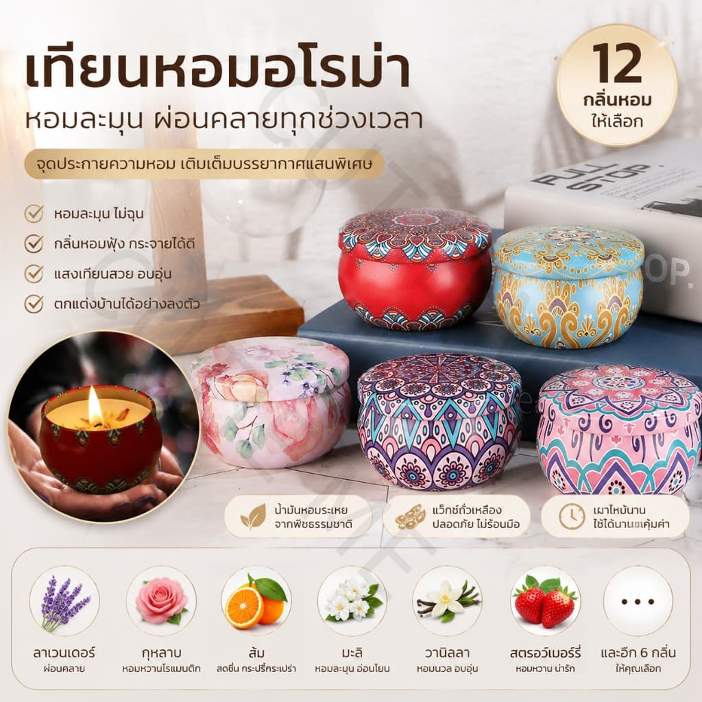 เทียนหอมอโรม่า หอมผ่อนคลาย ตกแต่งห้อง ขนาดเล็ก 60g ตกแต่งห้อง รูปที่ 1