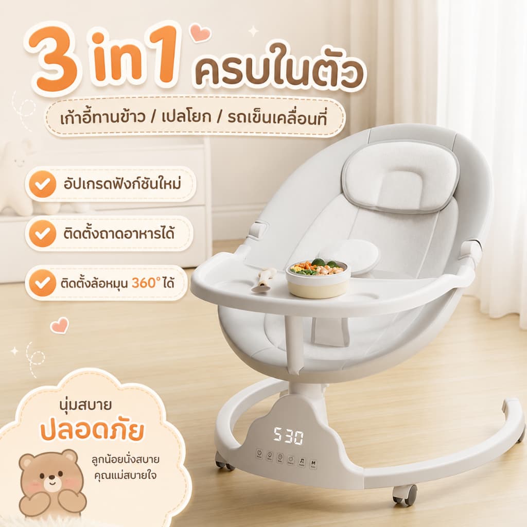 MINIBEIGEเปลไกวไฟฟ้า เปลเด็ก สำหรับวัย 0-3 ปี แถมล้อหมุน 360° พร้อมมุ้งกันยุง มีดนตรี เปลไฟฟ้า พร้อมจานอาหารโหมดบลูทู รูปที่ 3