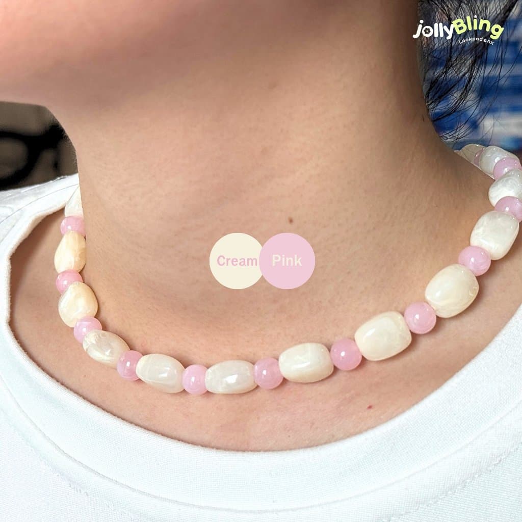 JollyBling - สร้อยคอลูกปัดหินเทียมทรงสี่เหลี่ยมสลับทรงกลม ใส่ง่าย แมทช์ได้ทุกลุค รูปที่ 2