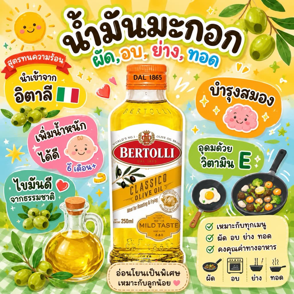 Bertolli น้ำมันมะกอก Olive oil ฉลากเหลือง สูตรผัด ทอด หมักเนื้อสัตว์ ทาเนื้อสัตว์ก่อนย่าง รูปที่ 1