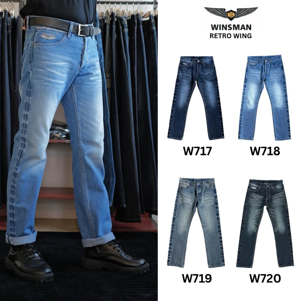 WINSMAN RETRO WINGกางเกงยีนส์ชายทรงกระบอกเล็กริมแดงผ้าหนา 15ออนซ์ผ้าไม่ยืดเป้ากระดุมฟอกเฟดดีไซน์วินเทจปักโลโก้ปีกนักบิน รูปที่ 1
