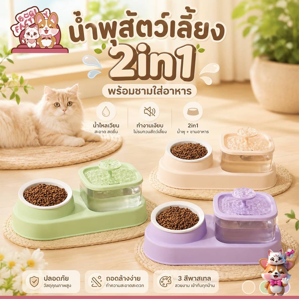 Boqi Factory น้ำพุสัตว์เลี้ยง 2 in 1 พร้อม ชามอาหารเดี่ยว ที่ให้น้ำอัตโนมัติ KPL005 รูปที่ 1