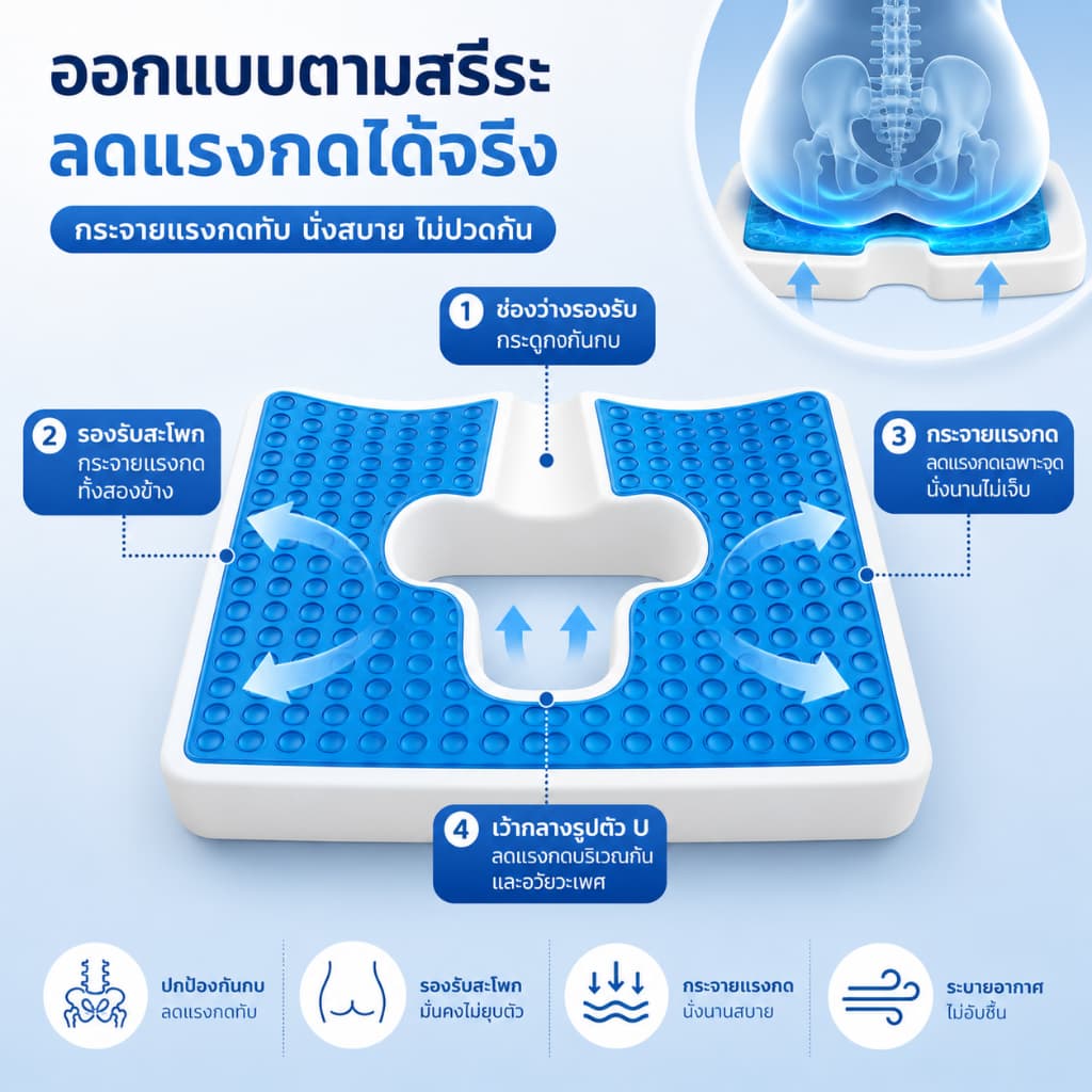 เบาะเจลรังผึ้ง ลดแรงกดทับ เบาะรองนั่งแผลกดทับ เจลเย็น ระบายอากาศ ริดสีดวง ปวดหลัง นั่งทำงาน ขับรถ ผู้สูงอายุเบาะรองนั่งป รูปที่ 8