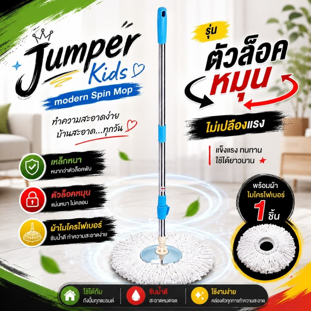 Jumper Kids modern Spin Mop ไม้ถูพื้น สำหรับถังปั่น รุ่นตัวล๊อคหมุน เหล็กหนากว่าตัวล๊อคพับ พร้อมผ้าไมโครไฟเบอร์ รูปที่ 1