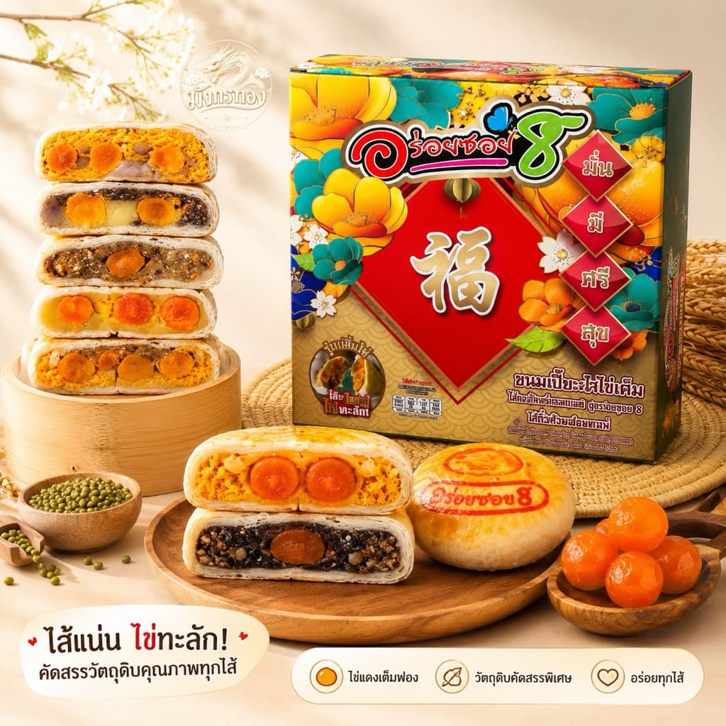 ขนมเปี๊ยะอร่อยซอย 8 ไข่ทะลัก ไข่ 5 ฟอง รุ่นทุเรียนไข่ 3 ฟอง หนัก 500 กรัม สูตร นมสด แป้งบางหวานน้อย รูปที่ 1