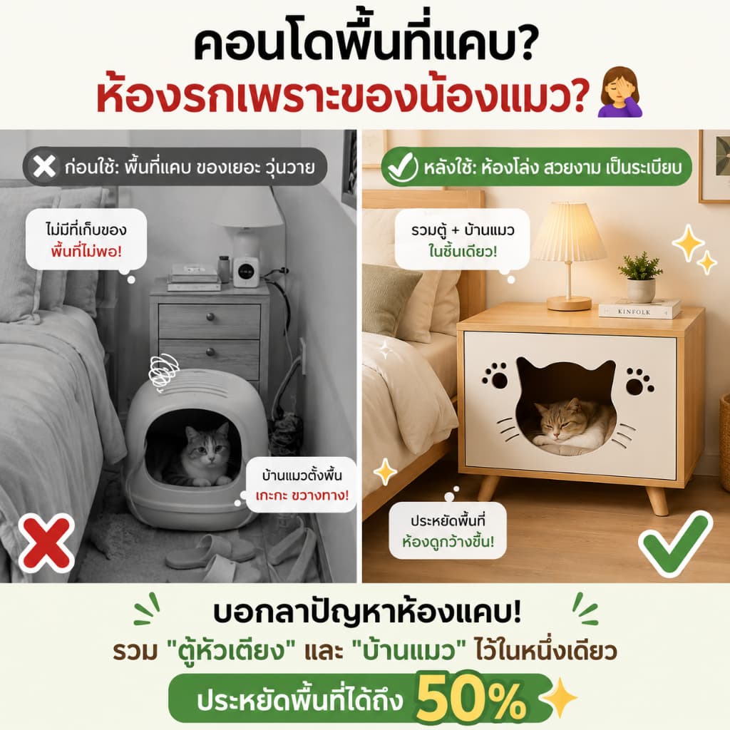 CC โต๊ะข้างเตียง บ้านแมว 2-in-1 | ตู้เก็บของ สำหรับน้องแมว ที่นอนแมว น่ารัก ใช้พื้นที่น้อย รูปที่ 5