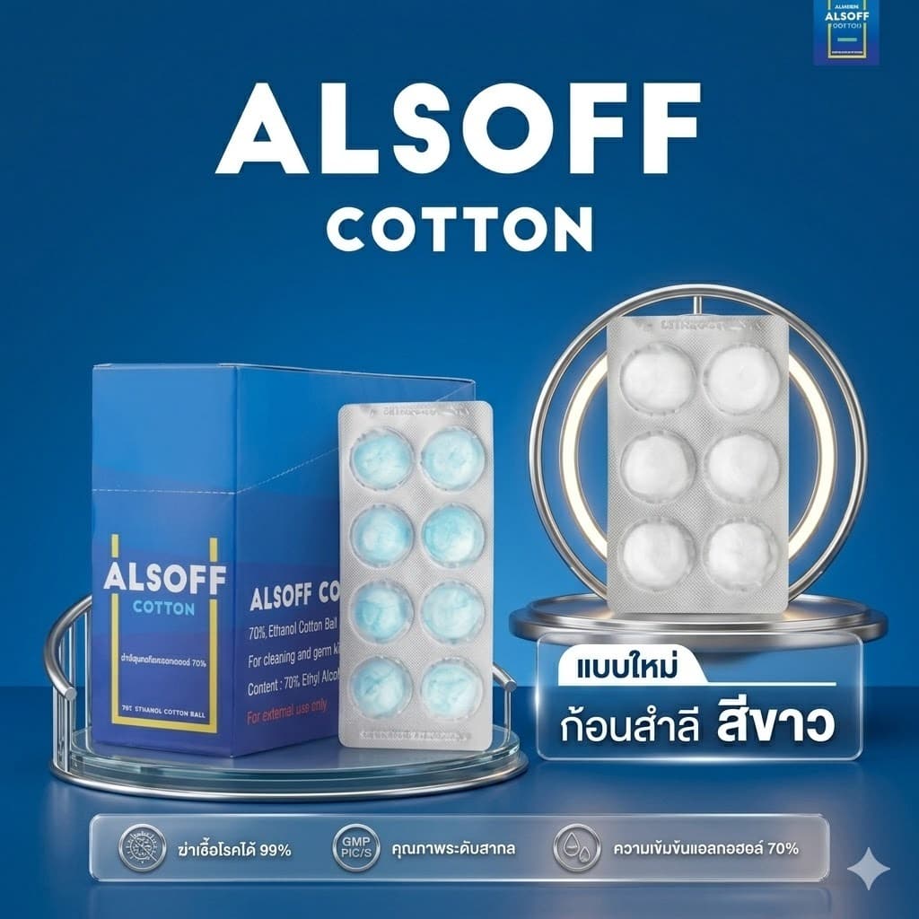 สำลีชุบแอลกอฮอล์ Alsoff Alcohol Cotton Ball 70% สำลีก้อนชุบแอลกอฮอล์ ปลอดเชื้อ 1 กล่องมี 12แผง รูปที่ 2