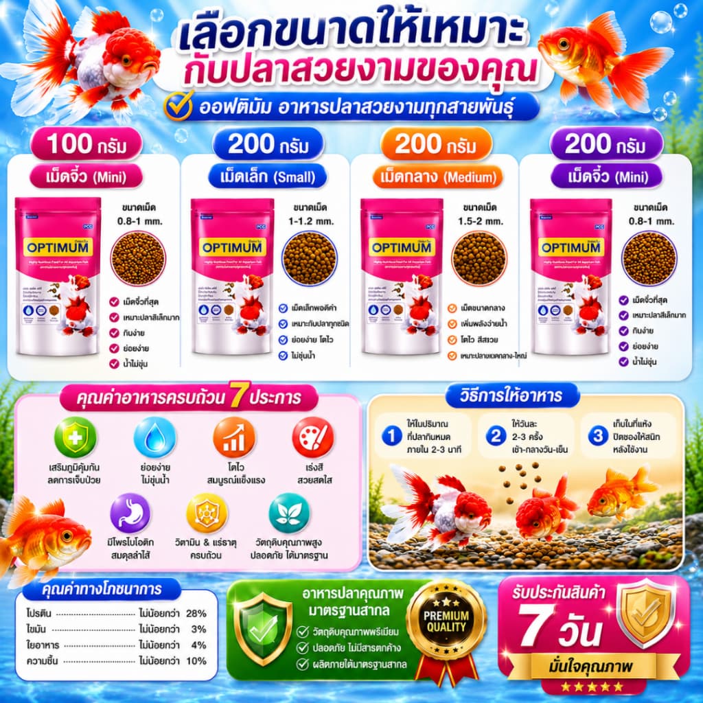Optimum อาหารปลาสวยงาม ออพติมั่ม สูตรเร่งโต เร่งวุ้น เร่งสี ขนาด 100g/200g/500g/1kg รูปที่ 2