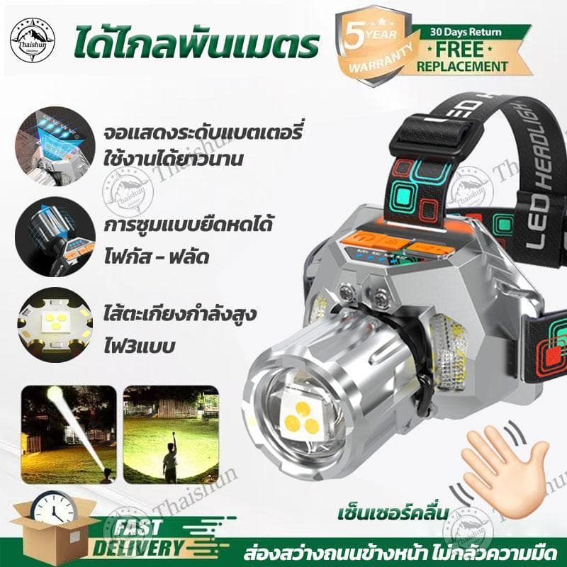 Thaishun ไฟฉายคาดหัว ไฟคาดหัว 30000mAh 99999980W ปรับได้4สี เซ็นเซอร์โบกมือสว่างได้10กมกันน้ำกันฝน ไฟฉายคาดศรีษะ รูปที่ 1