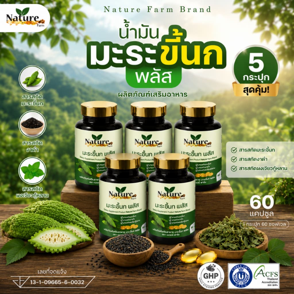 โปรพิเศษ5 กระปุก มะระสกัดเย็น เนเจอร์ฟาร์ม มะระขี้นกสูตรเข้มข้น ออร์แกนิก ลดน้ำตาลในเลือด รูปที่ 1