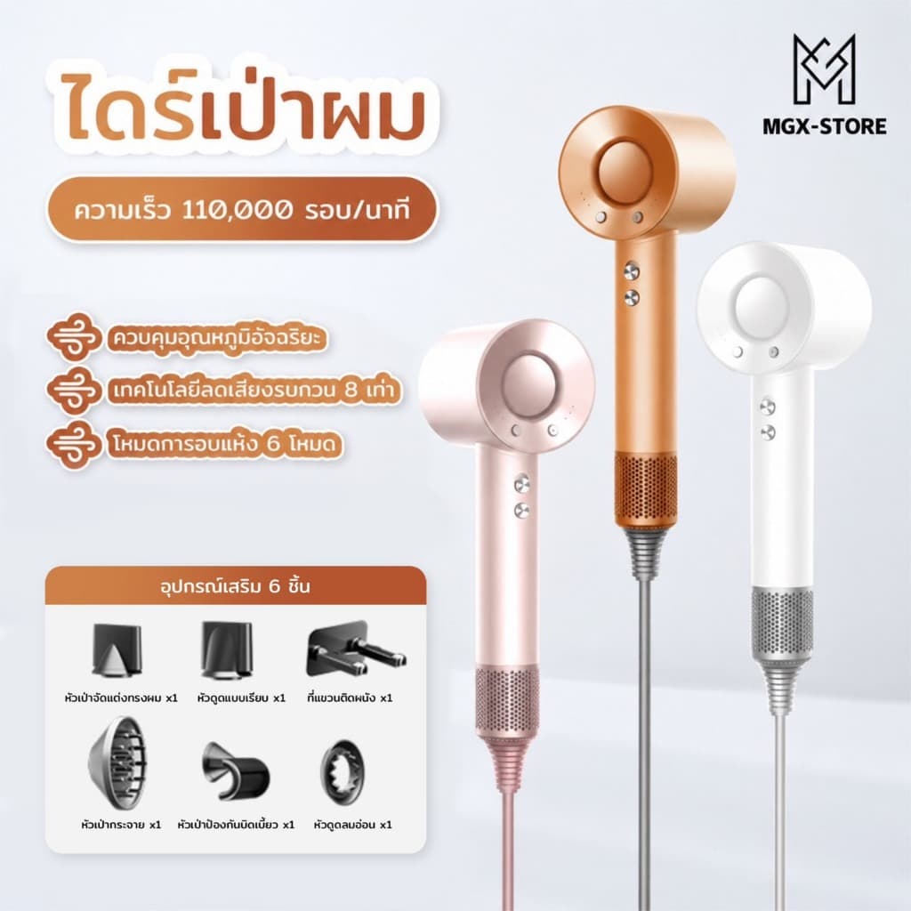 MGX-store CFJ ไดร์เป่าผมอัจฉริยะ หมุนเร็ว110.000 รอบ/นาที ผมแห้งเร็วพิเศษ ไดร์เป่าผมไอออนปรับลมเย็นลมร้อนได้ 3 ระดับ รูปที่ 1