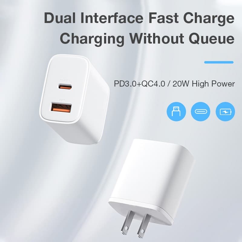 K8 หัวชาร์จ อินเทอร์เฟซ USB-A + Type-C หัวชาร์จ PD20W หัวชาร์จมินิสีขาว USB 18W + USB-C 20W รูปที่ 3