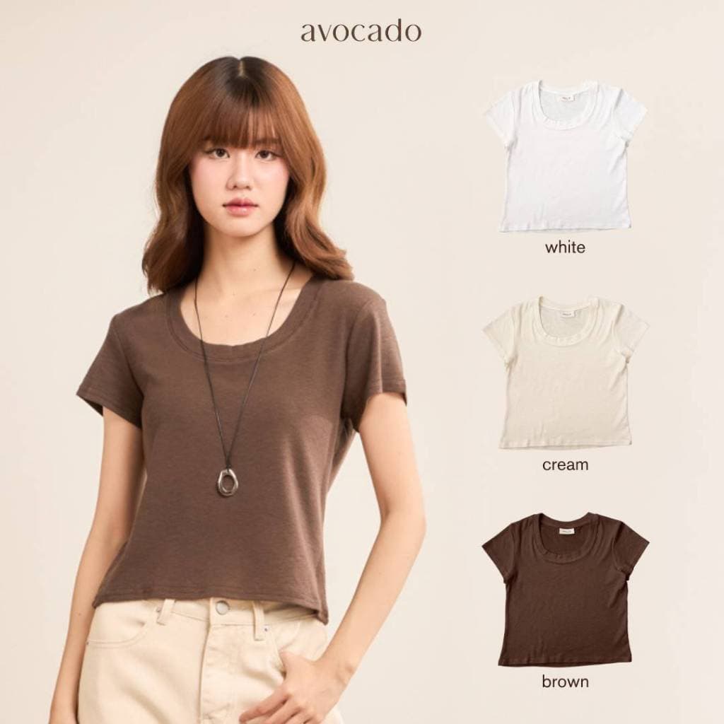 avocado - Bubble Soft Tops เสื้อยืดทรงครอป พอดีตัว เบสิค แมตช์ง่าย รูปที่ 1