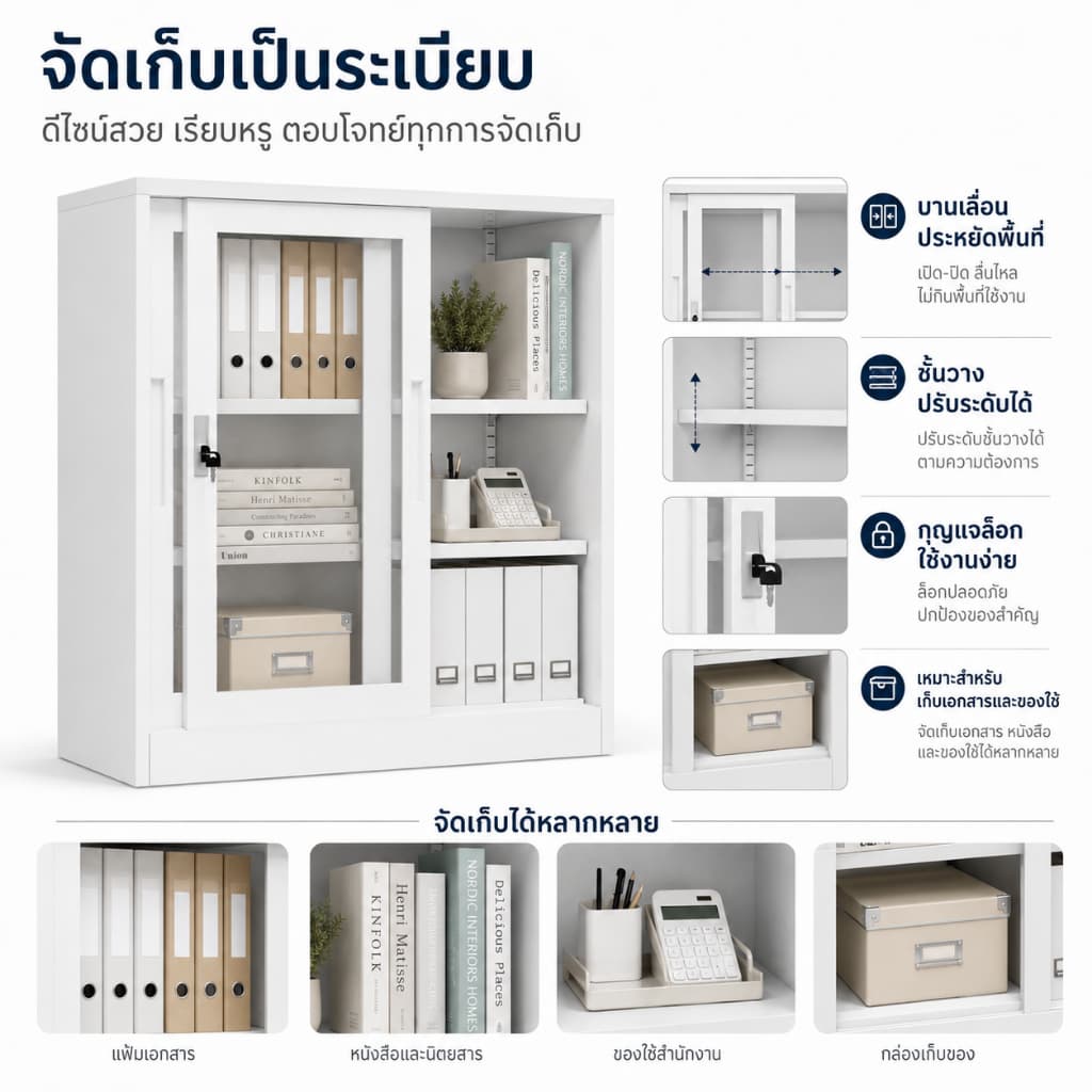 ตู้เก็บของโลหะสีขาว ประตูสไลด์ มีล็อค สูง 90 ซม. ตู้ไฟล์ ตู้เอกสาร ตู้ลิ้นชัก รูปที่ 4