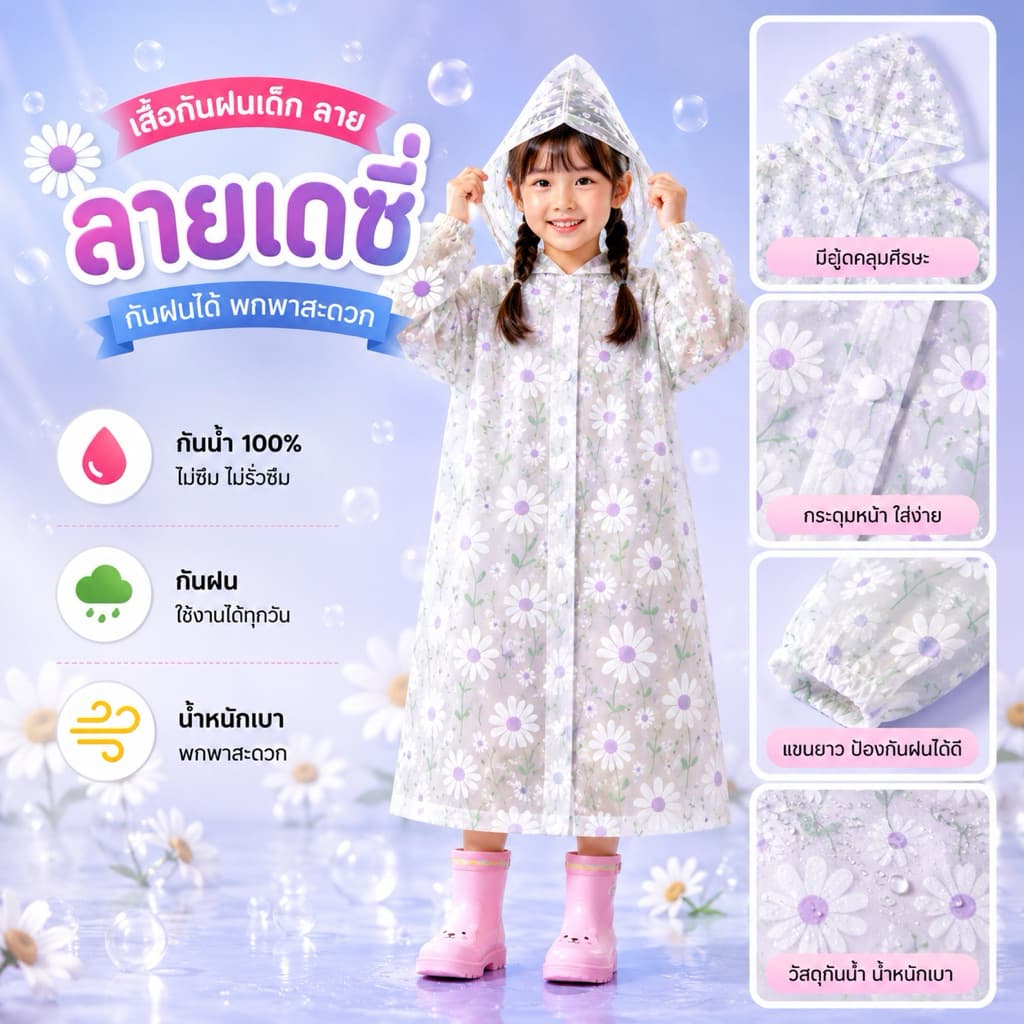 เสื้อกันฝนเด็ก PVC ลายน่ารัก กันน้ำ 100% พร้อมฮู้ด แขนยาว พกพาง่าย รูปที่ 4