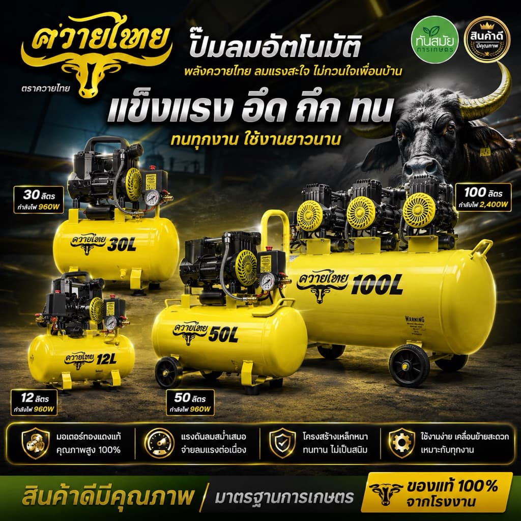 ปั้มลม 12 ลิตร - 100 ลิตร ปั้มลมเก็บเสียง ปั้มลมออยฟรี เสียงเงีบย 1200W ปั้มลมไฟฟ้า ปั้มลมรถยนต์ รูปที่ 1