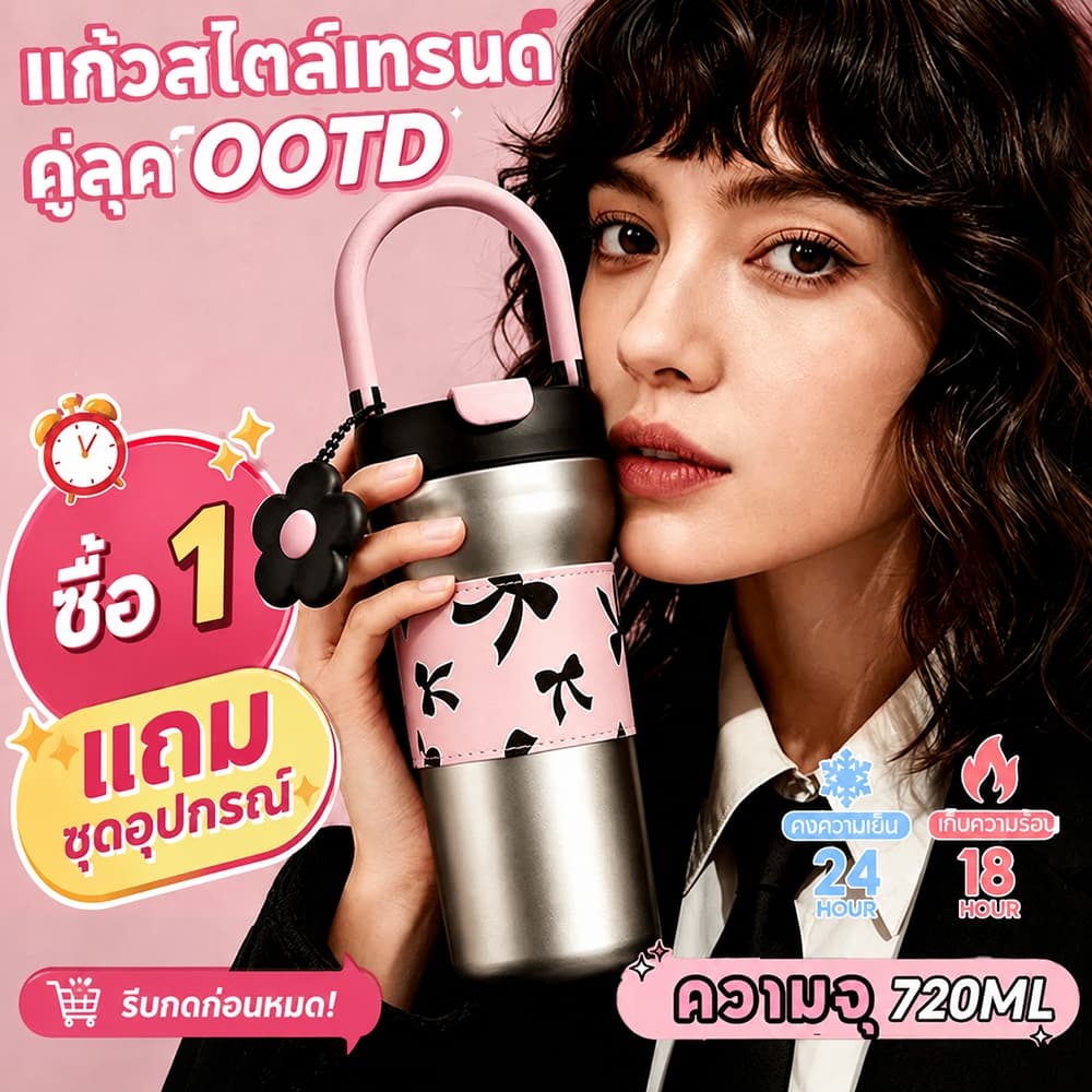 แก้วน้ำเก็บความเย็น 720MLเย็น 24h กระติกน้ําร้อน 316 สแตนเลส กระติกเก็บความเย็น น้ําหลอด รูปที่ 1