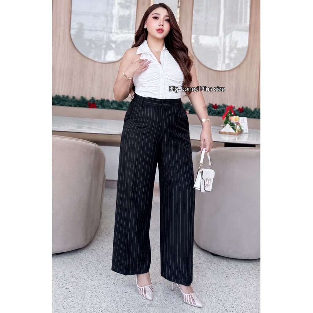 แบบใหม่ ‼ส่งด่วนกางเกงขากระบอกลายริ้วใส่แล้วพรางหุ่นได้ดีเอวสูง#big-size#size34-44 รูปที่ 2