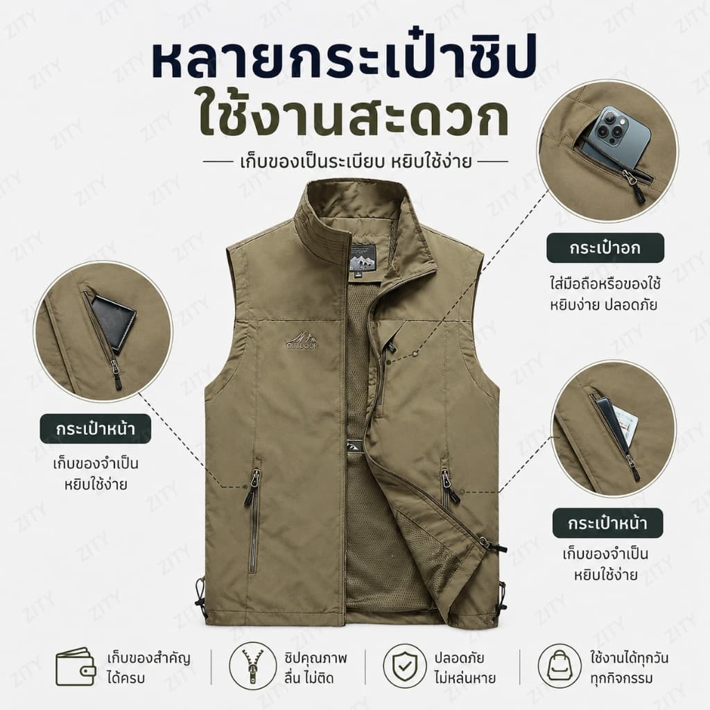 จัดส่งทันทีเสื้อกั๊กแขนกุดสำหรับผู้ชาย กันน้ำใส่สบาย ระบายอากาศ มีกระเป๋า M-5XL รูปที่ 5