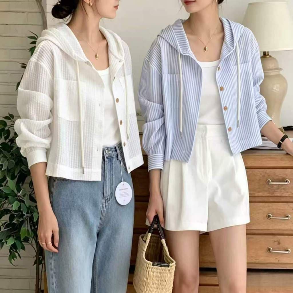 เสื้อเชิ้ตลายทางอเนกประสงค์ฤดูร้อน เสื้อตัวสั้นลำลอง เสื้อแขนยาวทรงหลวมมีฮู้ด รูปที่ 1
