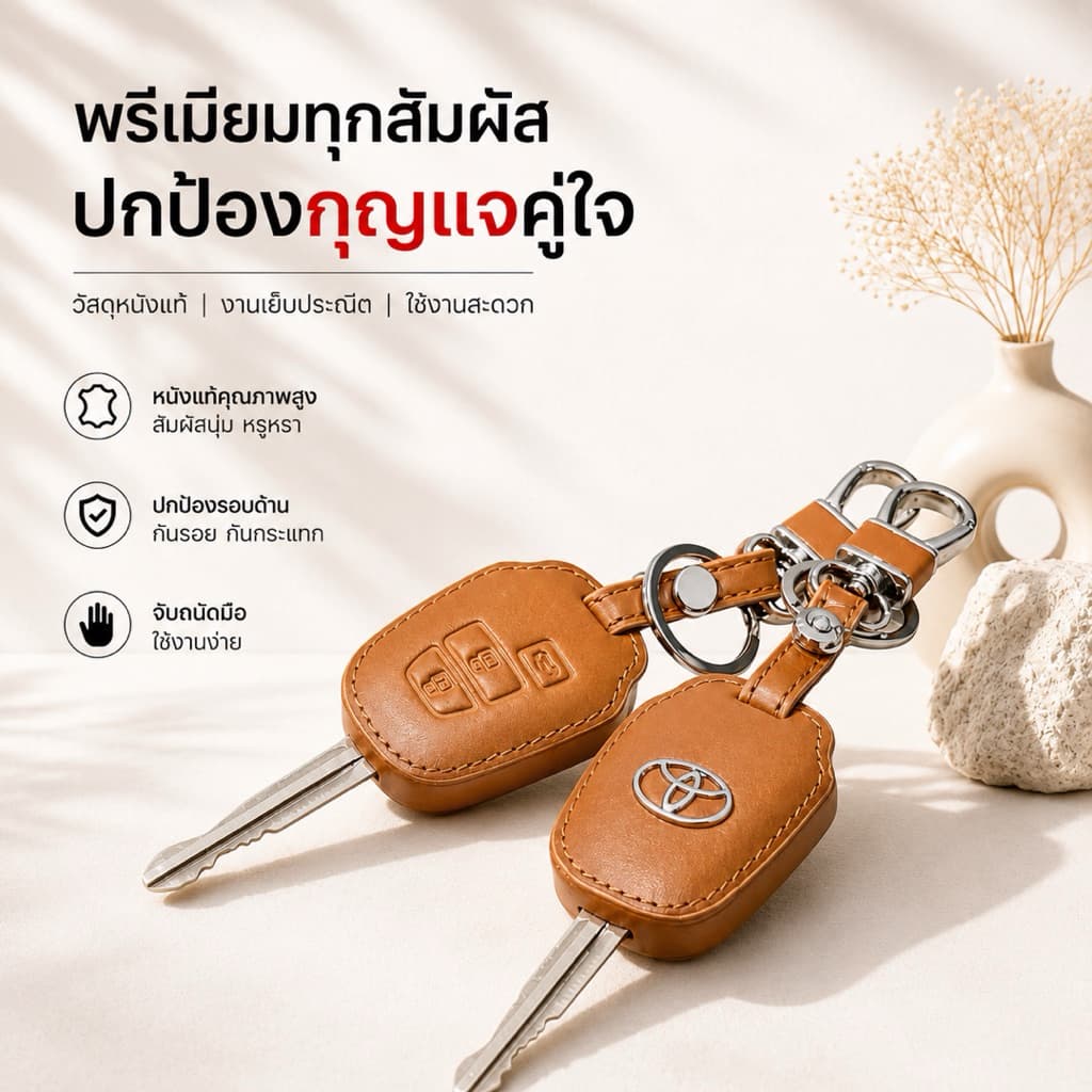 ซองหนังแท้ ใส่กุญแจรีโมทรถยนต์ รุ่นดอกกุญแจโลโก้เหล็ก Toyota Vios,Yaris,Commuter 2-3 ปุ่ม รูปที่ 5