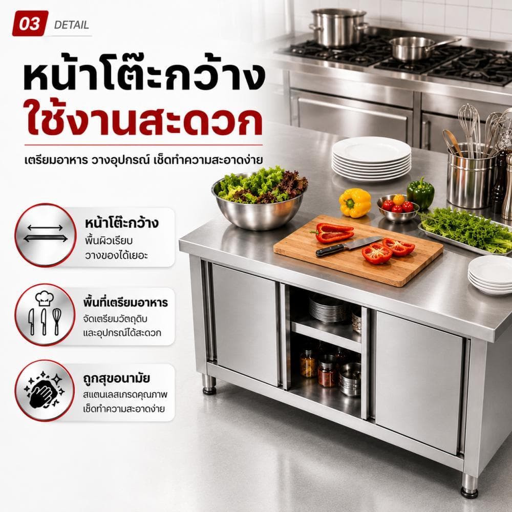 ชั้นวางของ ตู้สแตนเลส ชั้นวางจาน โต๊ะวางของในครัว โต๊ะสแตนเล ปรับความสูงได้ รับน้ำหนักได้500KG รูปที่ 4