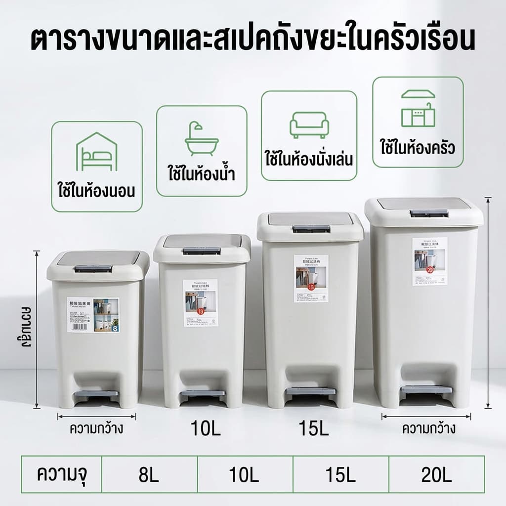 ถังขยะพลาสติก ถังขยะ 6.5L/8L/10L/15L/20Lวัสดุ PP ถังขยะใหญ่ งขยะ แบบเปิดมือ-เปิดเท้าพลาสติกเหนียว กันกลิ่นดี รูปที่ 4