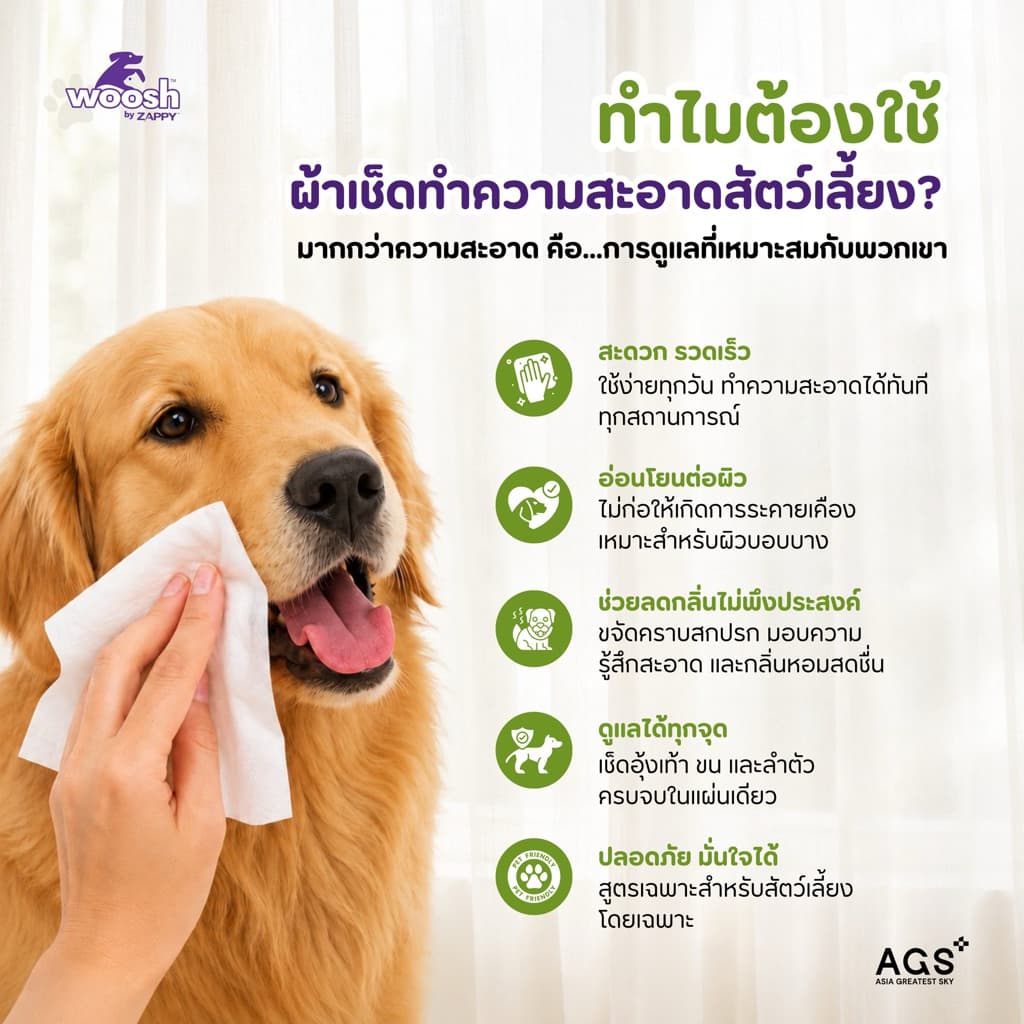 ผ้าเช็ดทำความสะอาดสัตว์เลี้ยง ลดการสะสมของแบคทีเรีย อ่อนโยน เพิ่มความชุ่มชื้น ขจัดกลิ่น Woosh Pet Wipes รูปที่ 3