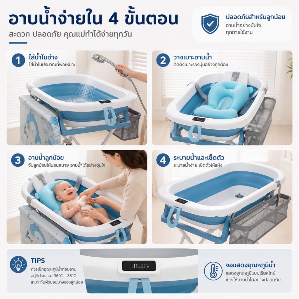 ชุดอ่างอาบน้ำเด็กแบบยืน พร้อมขาตั้งและเบาะเปลี่ยนผ้าอ้อม พับเก็บเรียบ ใช้พื้นที่น้อย มีล้อเลื่อน รูปที่ 7